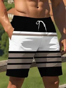 Men's Striped Print Shorts Simple Style Suitable for Home Use and Casual Walks, Fitted Geometric Design with Drawstring Waist, Graphic Shorts