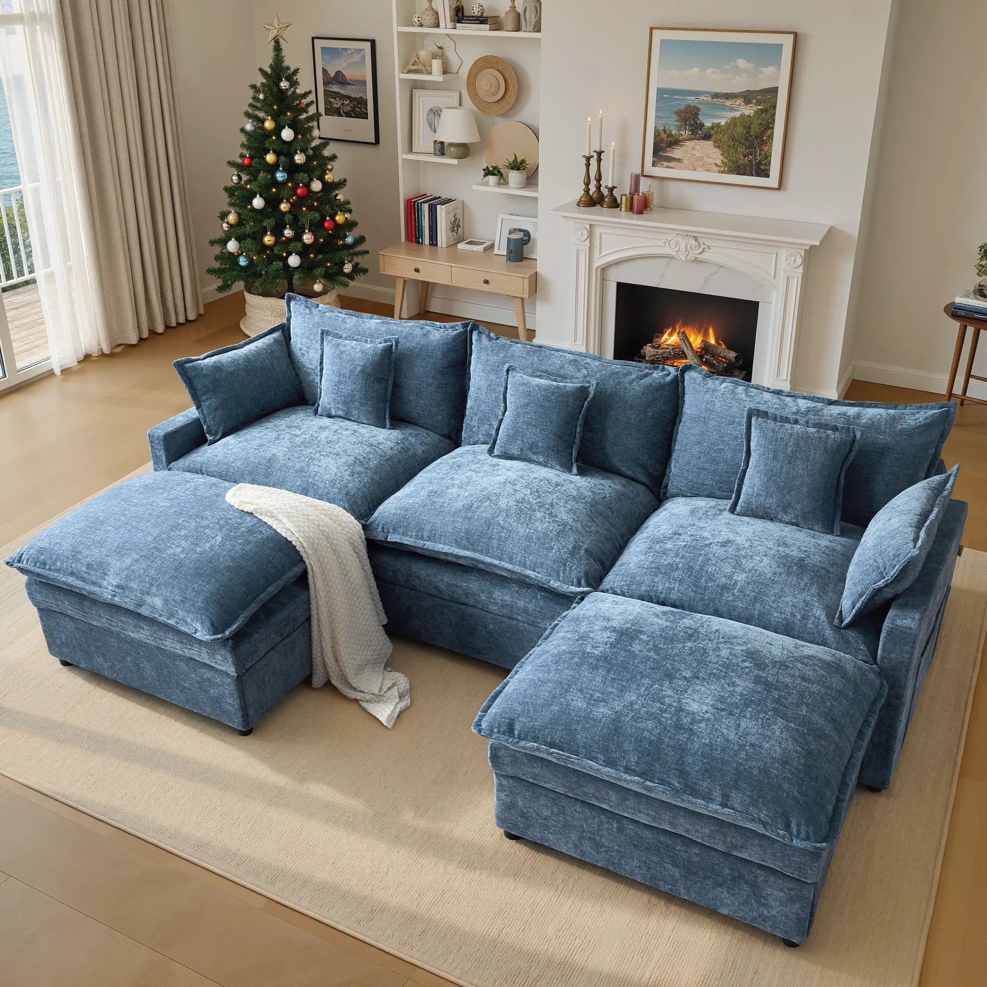 Weaxty 108" Modern Fabric Sectional Cloud Couch, U-Shaped Double Layer Chenille Modular Floor Sofa, Set of Modular Pieces with Removable Ottoman for Living Room, Small Space