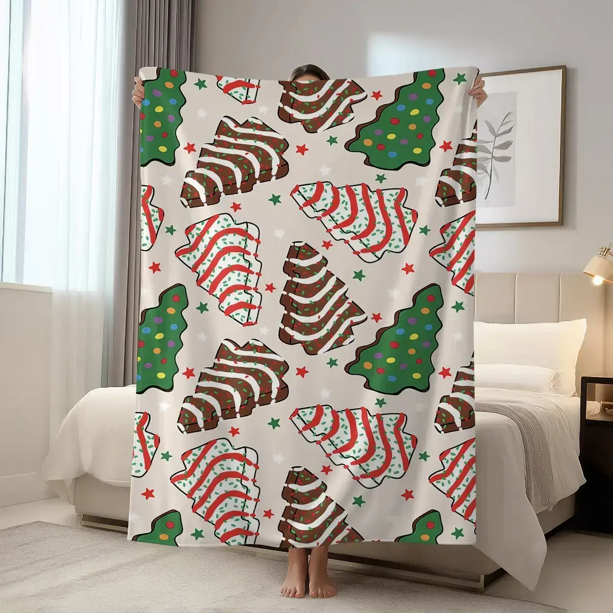 Christmas Tree Cake Fleece Throw Blanket, Retro Little Debbie Xmas Tree Snack Print Soft Cozy Flannel Blanket, Farmhouse Holiday Decor Blanket for Couch Bed, Winter Christmas Gift for Family Movie Night