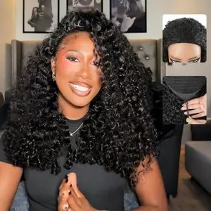 Burmese Curly Half Wigs Human Hair With Spiral End Glueless Drawstring Wigs 180% Density Human Hair Wig Beginner Friendly Curly Flip Over Wig Natural Black
