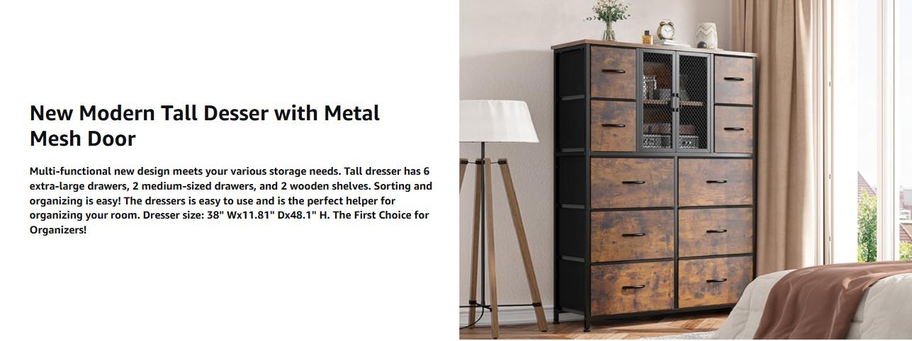 Raybee Dresser Collection Bedroom Chest of Drawers Plastic Drawer Metal Frame Wood Top Board 5 to 16 Drawers for Hallway, Dorm, Living Room, TV Stand