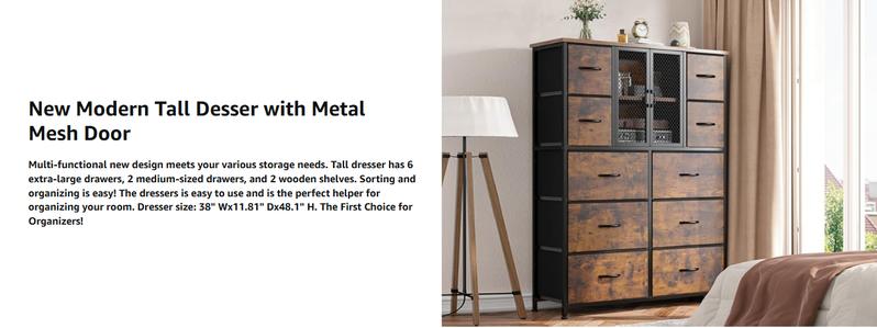 Raybee Dresser Collection Bedroom Chest of Drawers Plastic Drawer Metal Frame Wood Top Board 5 to 16 Drawers for Hallway, Dorm, Living Room, TV Stand