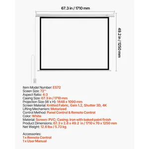 VEVOR Motorized Projector Screen, 72 inch 4: 3 1080 HD Electric Projection Screen, Wall Mounted Projection Dispaly Projector with Remote Control, Automatic Movie Screen for Family Home Office Theater