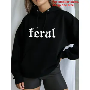 Women's oversized hoodie with gothic 'Feral' letter print Graphic - Long Sleeve Pullover Regular Fit | Soft & Breathable Fabric, Durable Print, Everyday Comfort, Machine Washable, casual, vintage, gothic indoor, lifestyle, fashion
