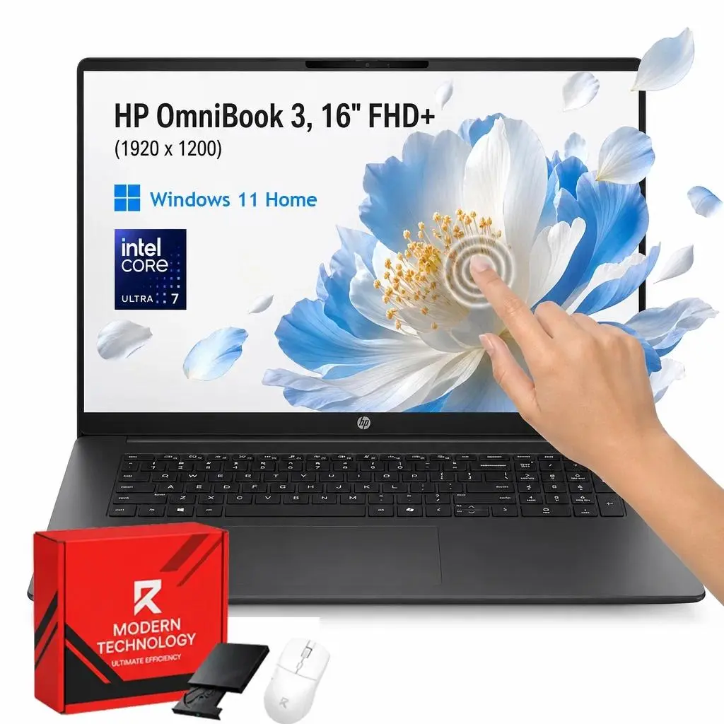 HP OmniBook 3 16" FHD+ Laptop Touchscreen Computer, Intel Ultra 7 255U, 16GB DDR5 RAM, 512GB SSD, Windows 11 Home w/Accessory