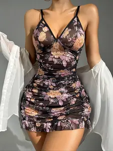 Women's Floral Print Ruched Ruffle Hem Cami Nightdress, Elegant Adjustable Spaghetti Strap Backless Nightgown, Soft Comfortable Sleepwear for Women