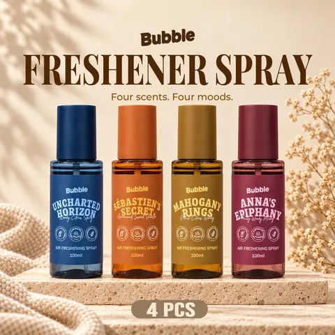 Bubble 4-Pack Odor Eliminator Home Fragrance Products - Source Odor Breakdown, Quick Fine Mist, Plant Extracts + Light Givaudan Scent, Bath Must Haves for Car & Home, Car Interiors, Added Fragrance Fragrant Room Sprays, 4×100ml (13.53 oz Total)