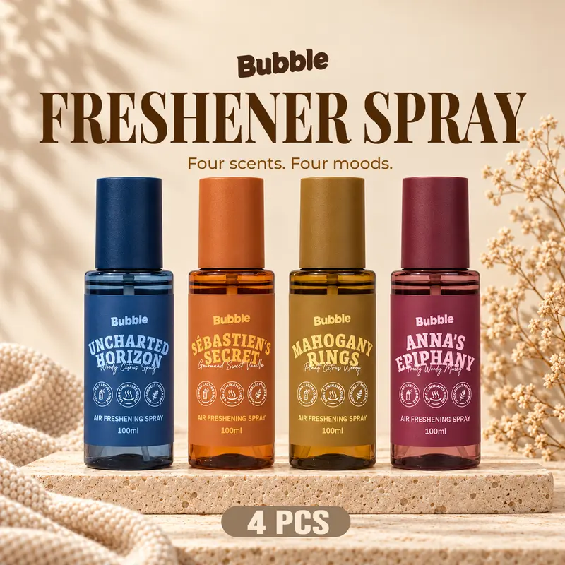 Bubble 4-Pack Odor Eliminator Home Fragrance Products - Source Odor Breakdown, Quick Fine Mist, Plant Extracts + Light Givaudan Scent, Bath Must Haves for Car & Home, Car Interiors, Added Fragrance Fragrant Room Sprays, 4×100ml (13.53 oz Total)