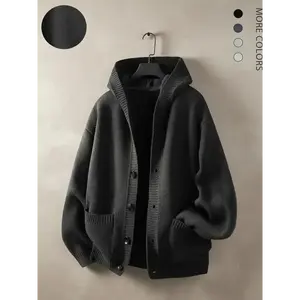 Men's hooded knit cardigan, dark color versatile design, ribbed details with double pockets, suitable for autumn casual wear, available in various colors, new trendy brand knitted sweater jacket with hooded cardigan, soft and comfortable fabric