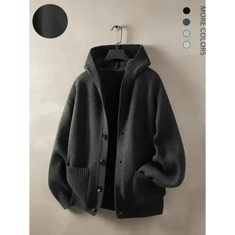 Men's hooded knit cardigan, dark color versatile design, ribbed details with double pockets, suitable for autumn casual wear, available in various colors, new trendy brand knitted sweater jacket with hooded cardigan, soft and comfortable fabric summervibe