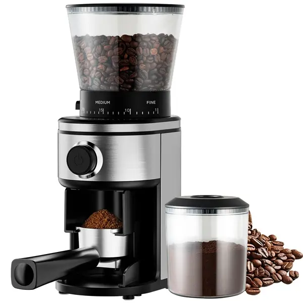 Ollygrin Electric Conical Burr Coffee Grinder, Stainless Steel, 30 Grind Levels, 10oz, Flavor Lock, 2-12 Cups Capacity, US Plug, 30 Adjustable Settings, Silver & Black Kitchen Coffee Bean Grinder Accessory