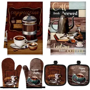 6 Pcs Kitchen Decor Set Accessorie Farmhouse Kitchen Towels Pot Holders Oven Mitts Set 2 Dish Towels 2 Pot Holders 2 Cooking Mittens Oven Glove for Cooking(Dark Brown,Coffee) Bakeware