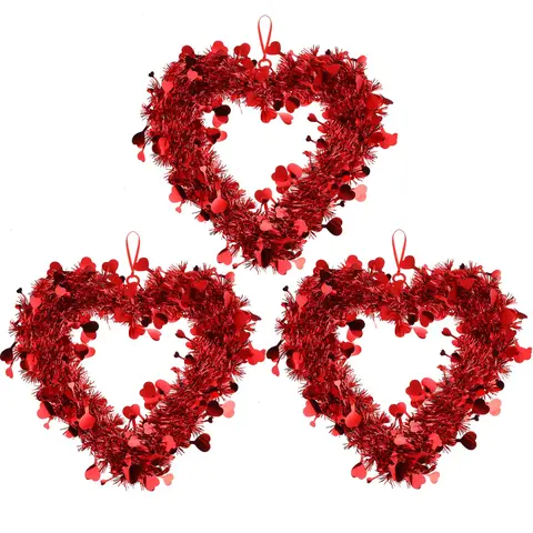 Valentine's Day Heart Wreath 8/6/3 Pcs Red Pink Tinsel Heart Shaped Hanger Wreath for Front Door Window Wall Mantle Kitchen Cabinet Romantic Atmosphere Valentines Decor Wedding Decorations Anniversary Birthday Party Spring Indoor Outdoor Home Decor