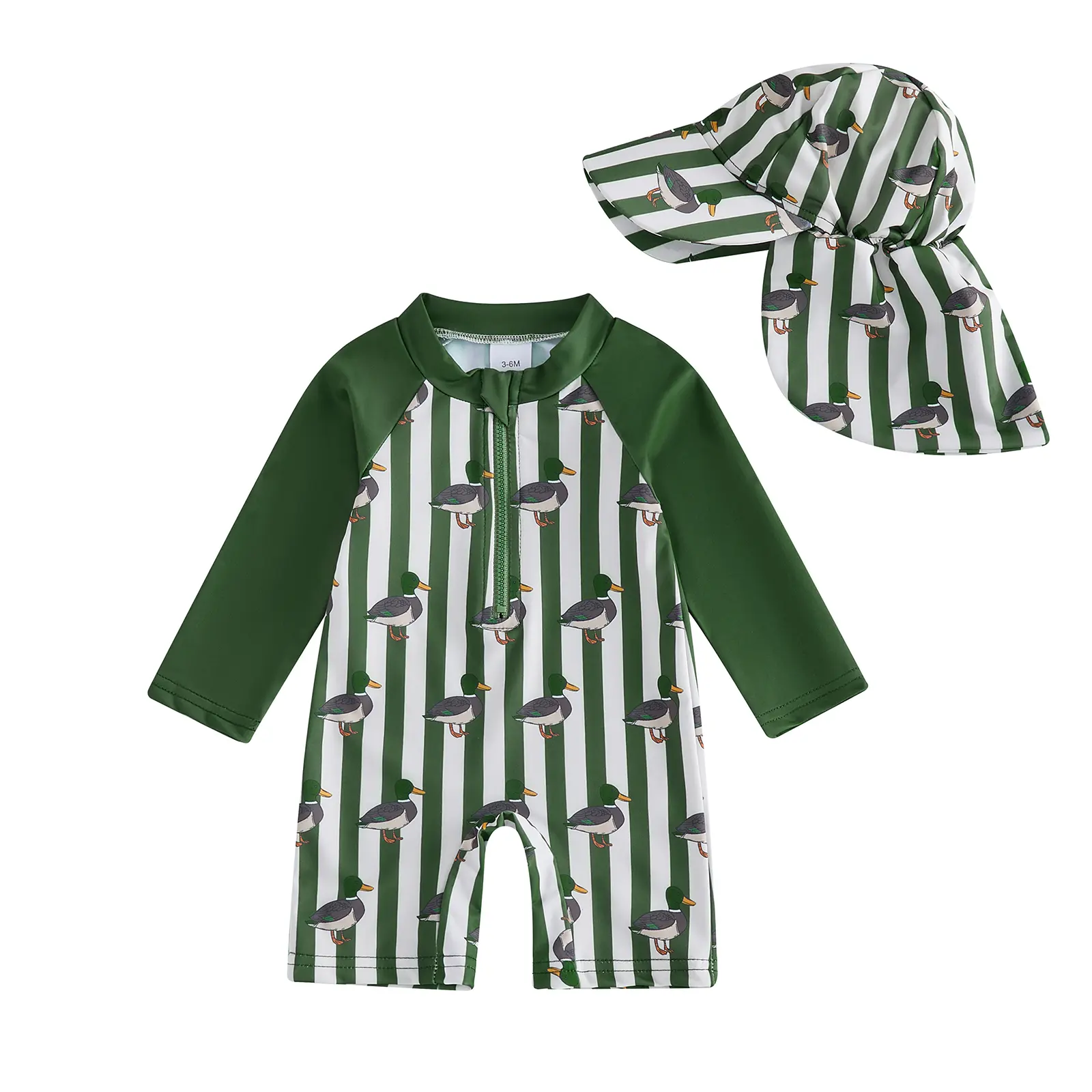 Babamoon Toddler Baby Boys Mallard Duck Swimsuit Long Sleeve Animal Print Rash Guard Jumpsuit with Hat Summer Swimwear 0-24 Months
