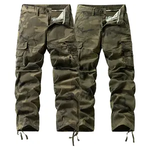 Men’s heavy-weight washed camouflage cargo pants with distressed details, multiple pockets—ideal for outdoor hiking and casual wear