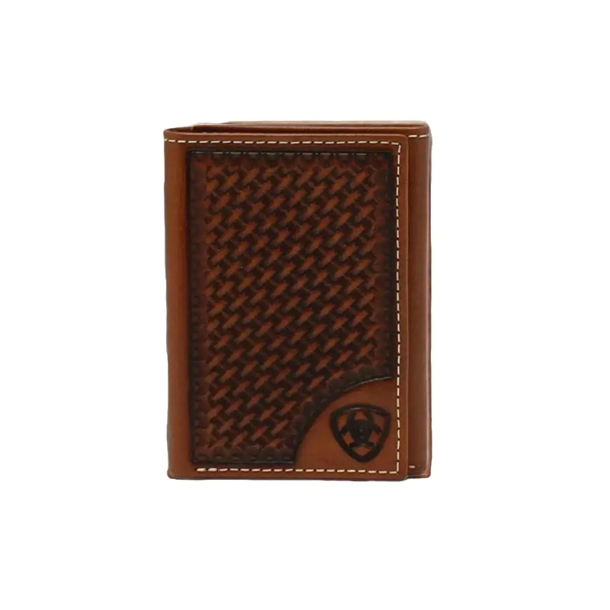 Ariat Men's Genuine Tan Cowhide Trifold Wallet - Embossed Basketweave Texture, Embossed Logo, Card Slots, ID Window, Durable Fashion Wallet, Everyday Use, Style A3550408