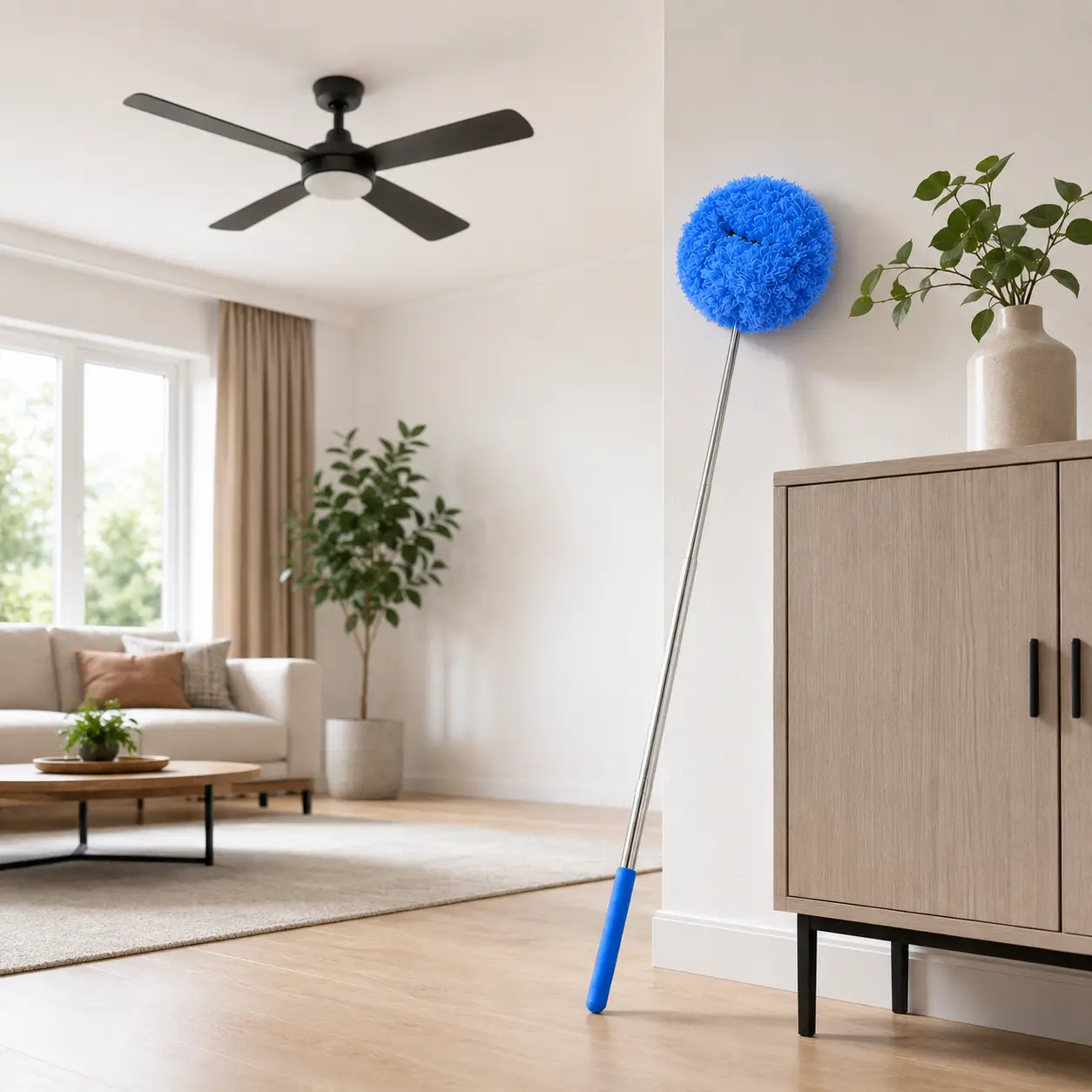 Telescoping Microfiber Ceiling Fan Duster - 1 Pack Lightweight Plastic Cleaner with Adjustable Extendable Quick-Assembly Pole Sections, Handle, Polyester Washable Head, Indoor Home Care Tool, Ceiling Dusting