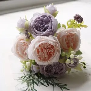 8 faux peonies bohemia floral arrangement Faux Flower Bouquet faux center floral spring bouquet wedding vase decoration Faux Roses Bouquet (pink, purple)