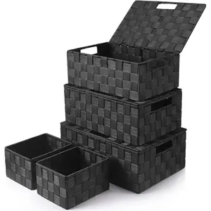 Storage Bins Baskets for Organizing with , Storage Baskets for Shelves Stackable Woven Basket,  Small Basket Storage Cubes, Decorative Wicker Basket with Built-in Handles (5 Pack, Black)