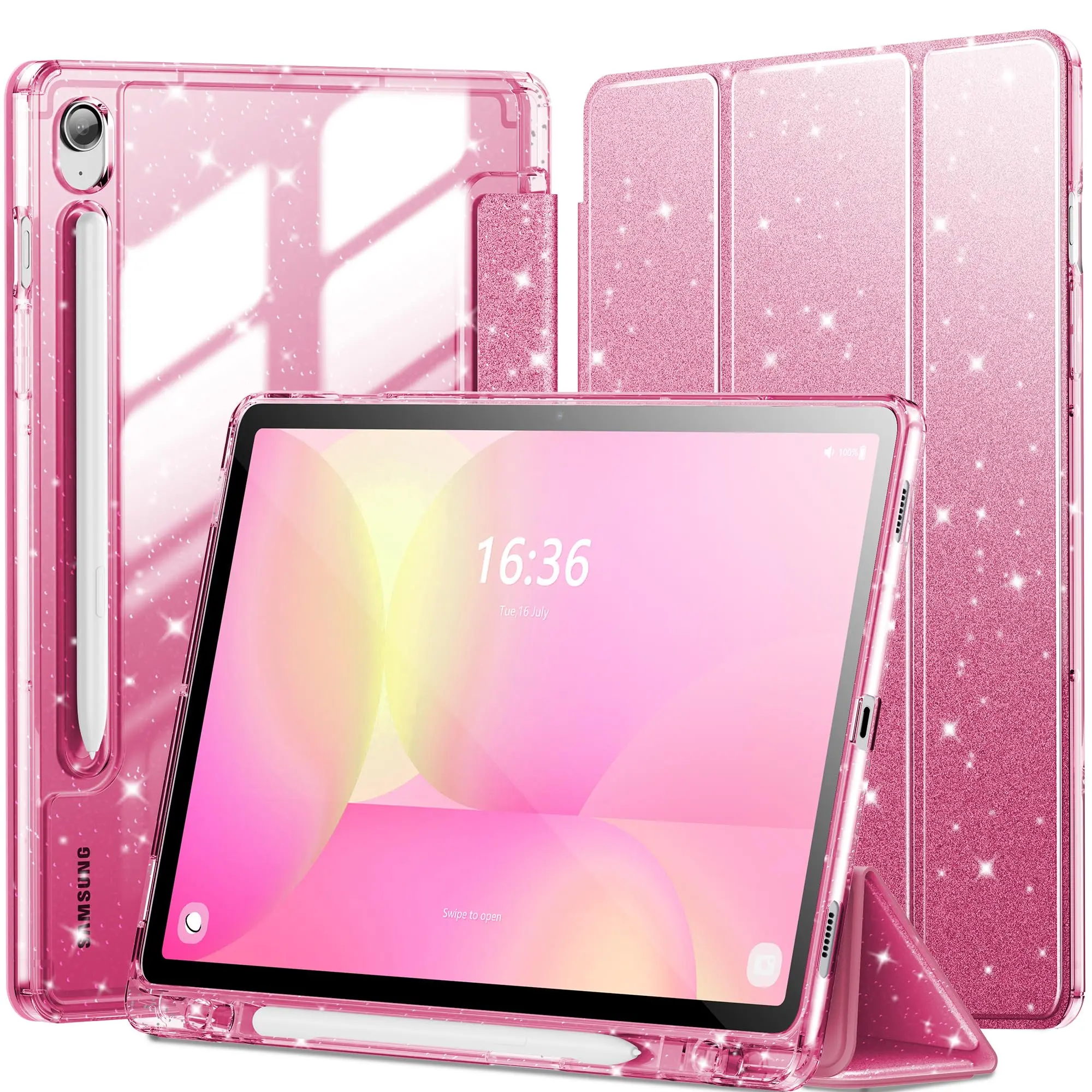 INFILAND Case for Samsung Galaxy Tab Tab S10 Lite /S10 FE/ S9 FE 5G 10.9 Inch/Tab S9 11 Inch with S Pen Holder, Glitter Cute Cover with Sparkly Clear Back [Auto Wake/Sleep] for Girls Kids