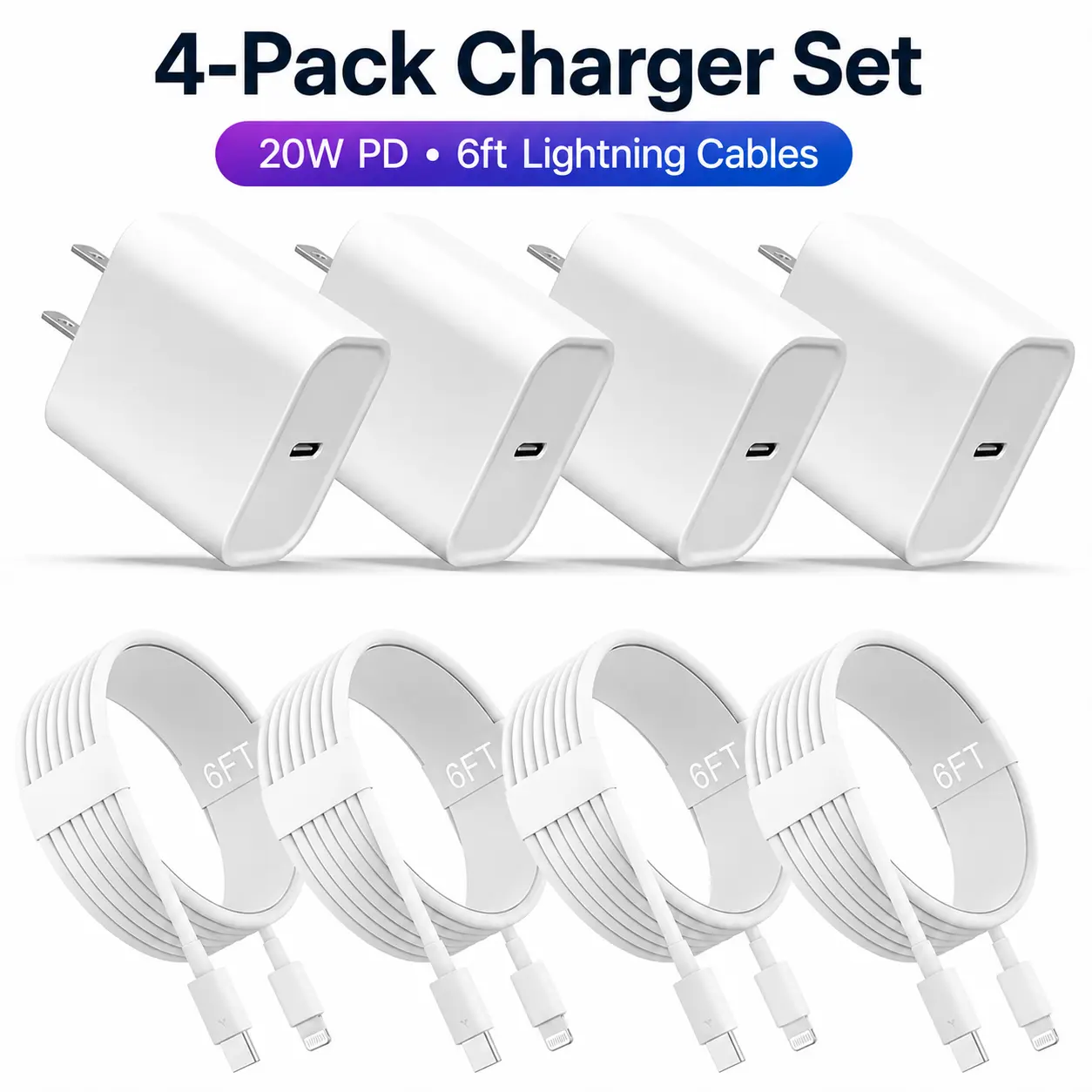 6FT Super Fast Charging 4-Pack Type-C Wall Charger Block with 4-Pack USB-C to Lightning Cable for iPhone 14/13/12,AirPods Pro, Mobile Smartphone