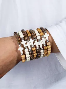 Vintage Simple Spiral Pattern Wood Bead Bracelet Set, Multi-Layer Turquoise Cross Pendant, Unisex Daily Wear, Perfect Gift for Holidays