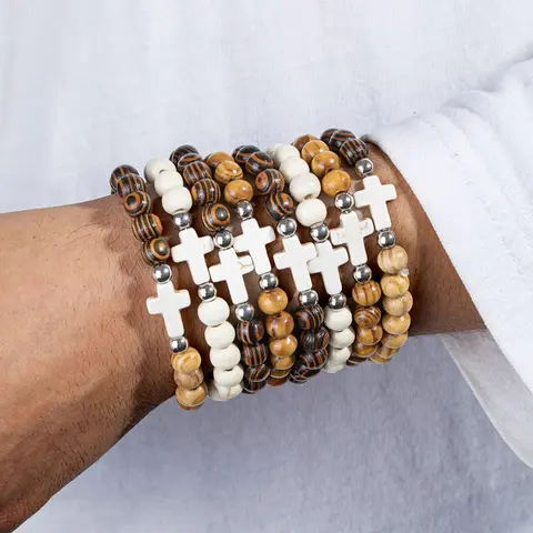 Vintage Simple Spiral Pattern Wood Bead Bracelet Set, Multi-Layer Turquoise Cross Pendant, Unisex Daily Wear, Perfect Gift for Holidays