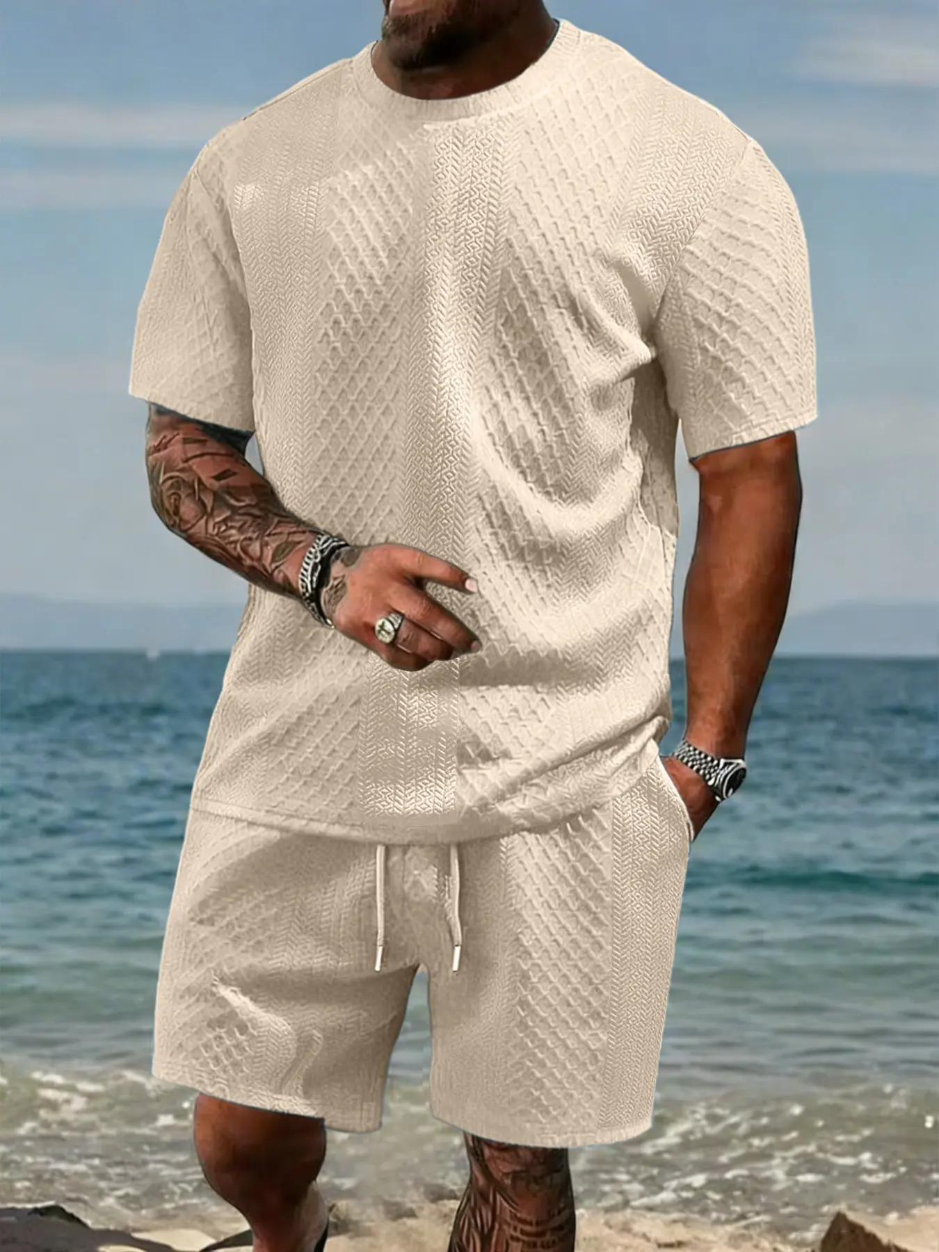 Men's Spring Summer Fashion Textured Short Sleeve Set, Pure Color Casual Style, Comfortable Drawstring Waist Shorts, Daily Wear