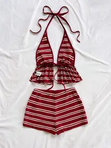 NELSONMIS Women's Summer Vacation Striped Halter Neck Ruffle Hem Top And Shorts 2 Pieces Set Two Piece Vacation Outfit Beach Summer