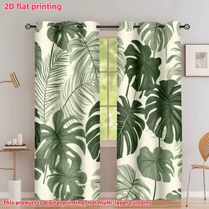 2D Flat 2Pcs Tropical Plant Leaf Print Curtains, Green Monstera & Palm Pattern Window Drapes, Semi Sunshade Perforated Design for Home Living Room Bedroom Balcony Kitchen Study Decoration, Accessory, Anti Privacy.