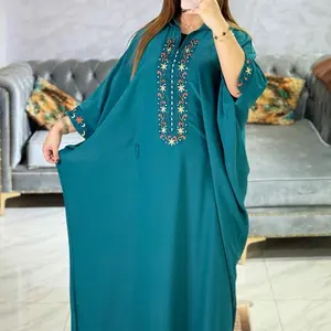 Moroccan Kaftan Jalabia Dress with Colorful Embellishments & Gold Trim Details One Size Maxi Boho Caftan for Modesty