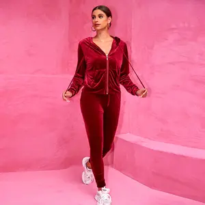 Women's Velvet Tracksuit Set: Hooded Zip-Up Jacket + Jogger Pants