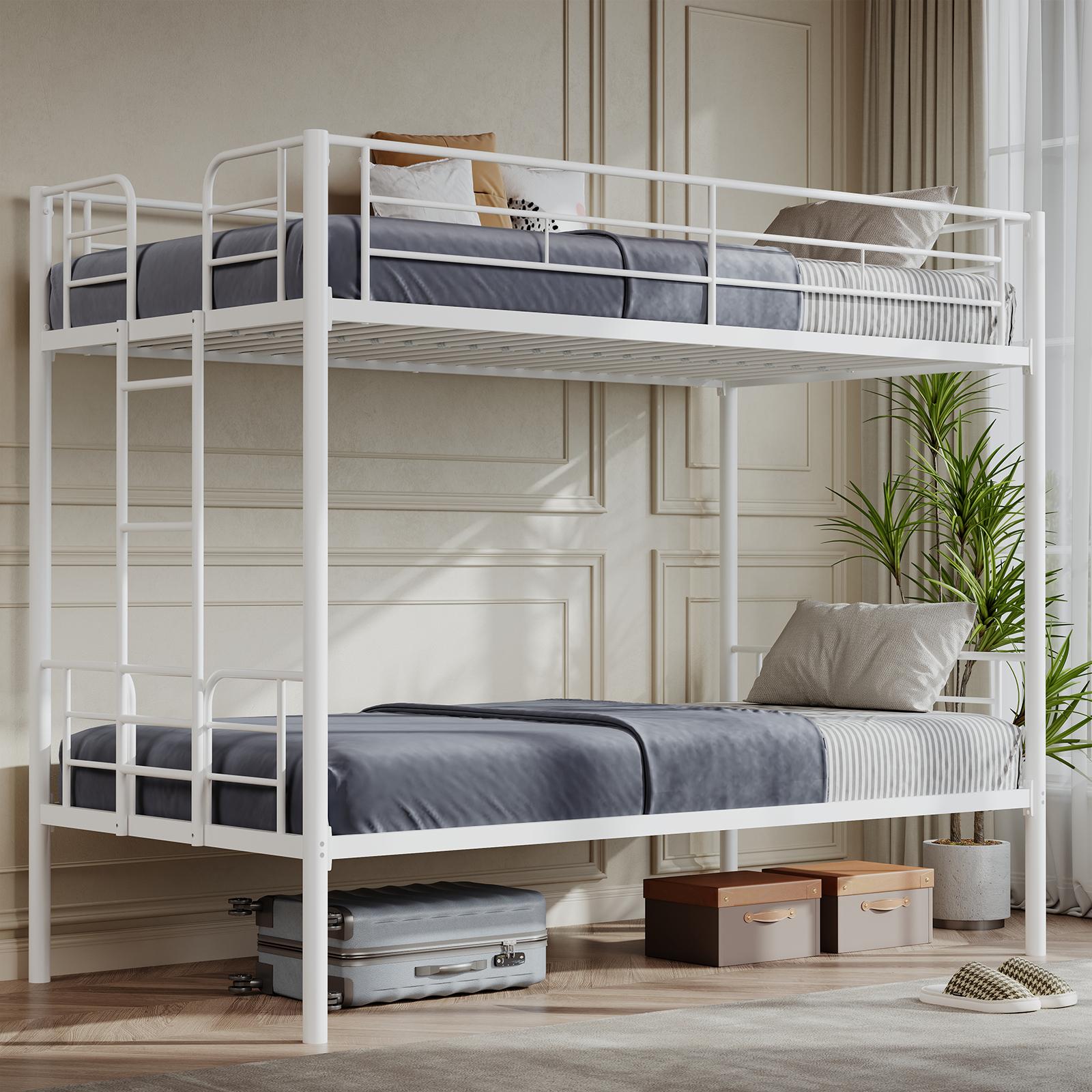 Bunk Bed Twin Over Twin ,Metal Bed Frame, Heavy Duty Bunk Beds, Bunkbed, Double Bed, Individual Twin Bed, Stackable Bunker Bed， With Removable Ladder Safety Guardrail (Black)Metal double-layer bed with stairs and safety railings, sturdy steel frame
