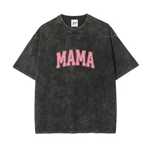 Vintage Acid Wash Oversized T-Shirt "MAMA" Varsity Graphic Tee, 100% Cotton Heavyweight Streetwear Top, Retro Distressed Mineral Wash Short Sleeve for Women