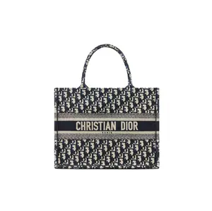 Pre-owned Dior Canvas Tote Bags Medium Blue Oblique Embroidered Book Tote Handbag