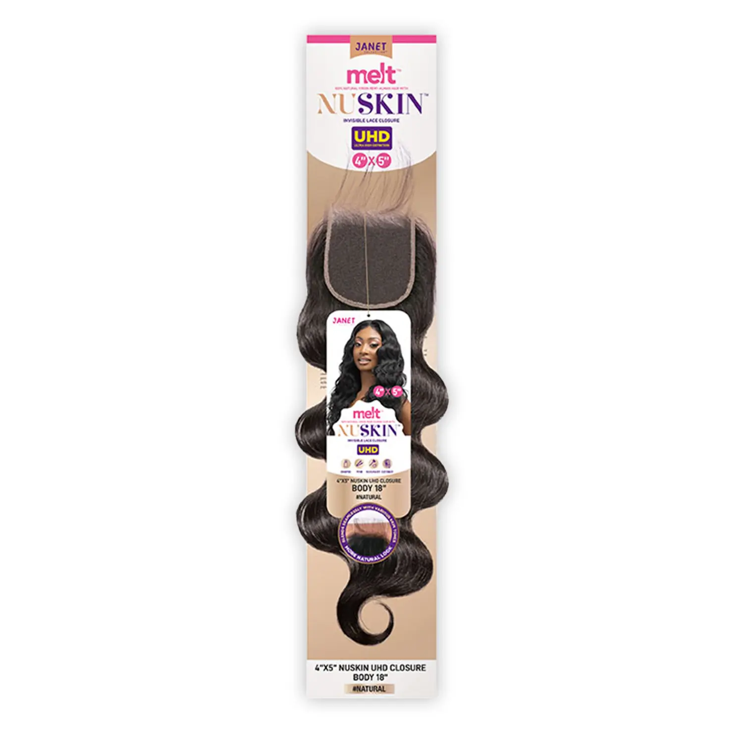 Janet Collection Melt Nuskin 4x5 HD Lace Closure, Body Wave 100% Virgin Remy Human Hair for a Seamless Blend, Pre-Plucked, 10-14 Inch, 4X5 Size, Unisex Names, Natural Look, Lace Part, Frontal Lace Closure, 4"X5"