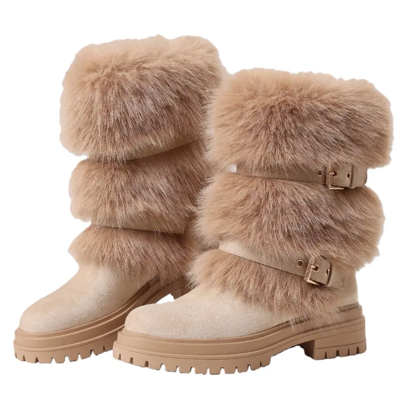 Fuzzy Mid-Calf Boots for Women, Plush Faux Fur Winter Snow Footwear with a Comfortable Sole and Buckle Detail, Soft