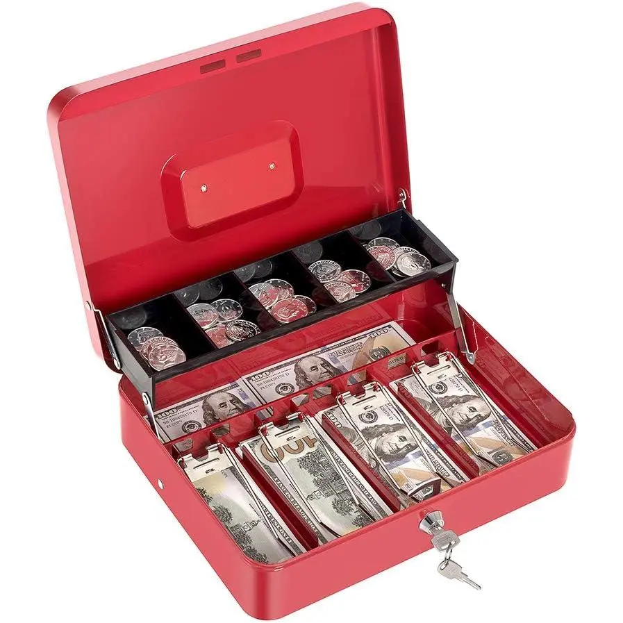 Box with  Tray and Key Lock Large Metal  Safe Box with Cantilever  Tray, Lock Box for  11.8" x 9.4" x 3.54" Red