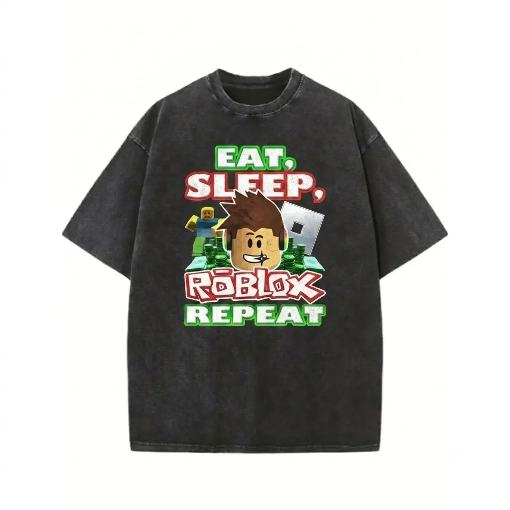 Unisex Gamer Graphic Tee Vintage Cotton | Eat Sleep Roblox Repeat Nostalgic Shirt | Casual Streetwear Tops for Gamers