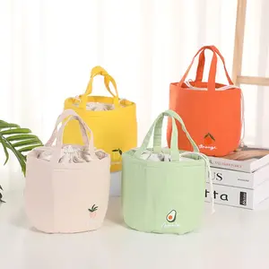 Cute Drawstring Pocket Stitch Thermal Lunch Bag for Kids Fruit Embroidery Handbags Portable Lunch Box ToteBags