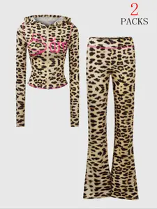 Women's Y2K Leopard Print Hooded Sweatshirt Set, Zipper Design, Fall Winter Track Suit, Slim Fit, Wide Leg Bell Bottoms, 2 Piece
