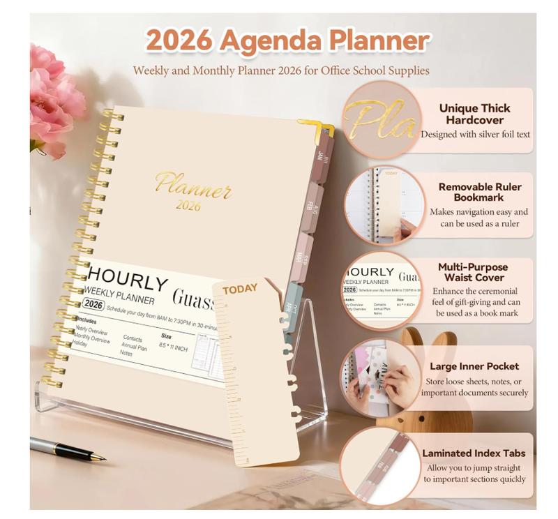 2026 Planner, Weekly & Monthly Appointment Book from Jan. 2026 - Dec. 2026, Work & Life Daily Hourly Planner with Time Slots, Agenda Organizer for Home School Office, Beige