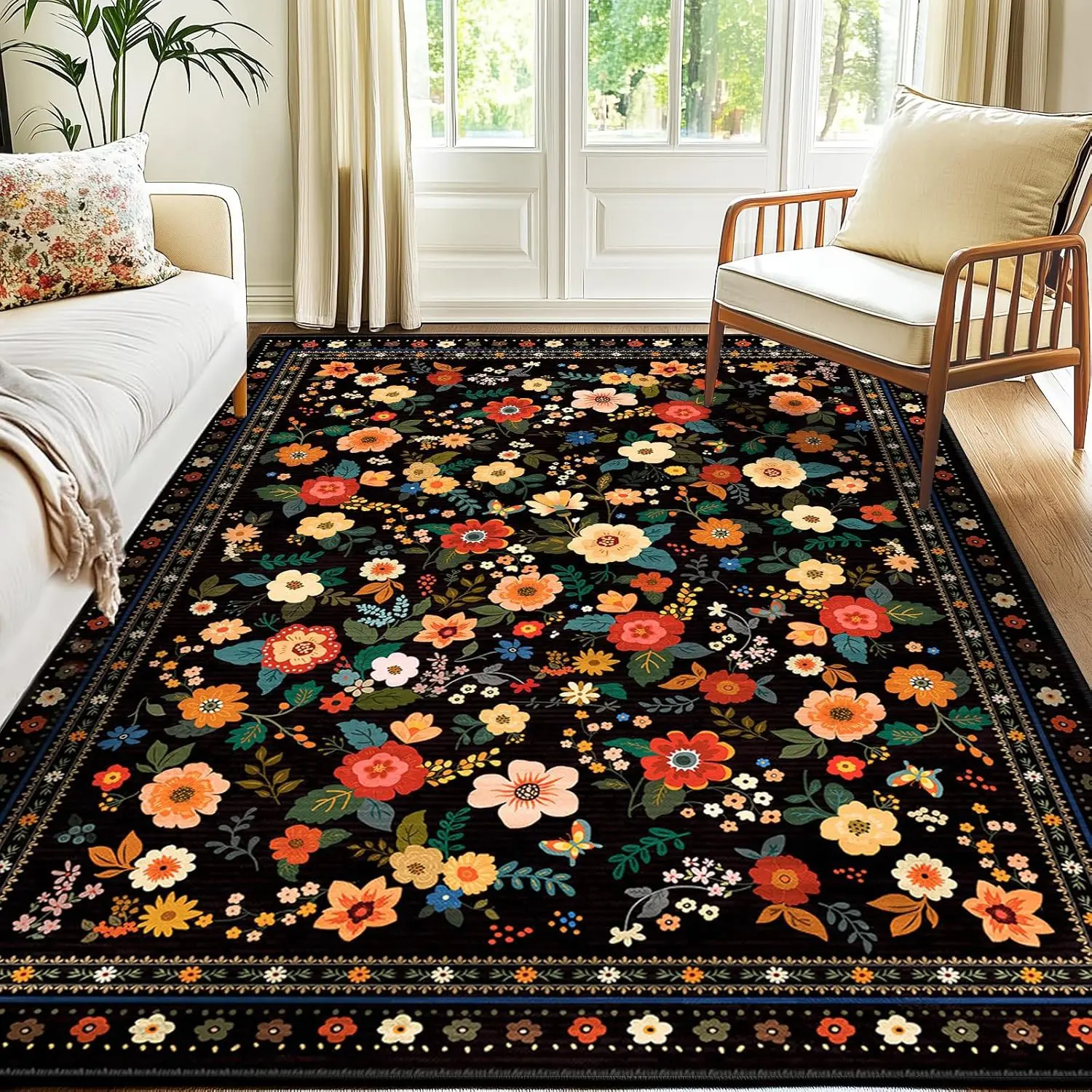 Bohemian retro floral print living room bedroom carpet, floor mat, Machine Washable Rugs, Boho Washable Rugs, foldable easy to clean non-slip plush carpet home decor suitable for living room bedroom sofa coffee table