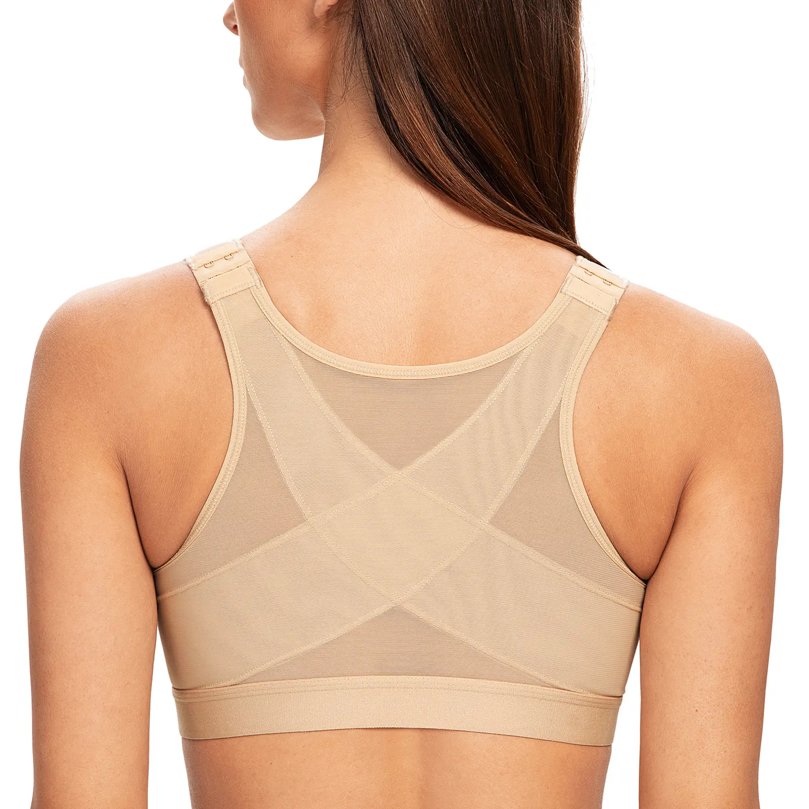 MELENECA Women's Plus Size Front Closure Wirefree Post Surgery Minimizer Bra - Breathable Soft Mesh Fabric, Adjustable Elastic Straps, Back Support, Easy Adaptive, Built-In Breathability Adaptive (Black Friday Deal), Almond, Minimizer Bra For Women, Bras