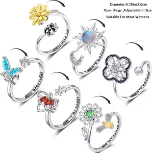 6Pcs Anxiety Rings for Women, Adjustable Spinner Anxiety Ring, CZ Butterfly Bee Moon Star Fidget Rings for Anxiety Stress Relief for Women