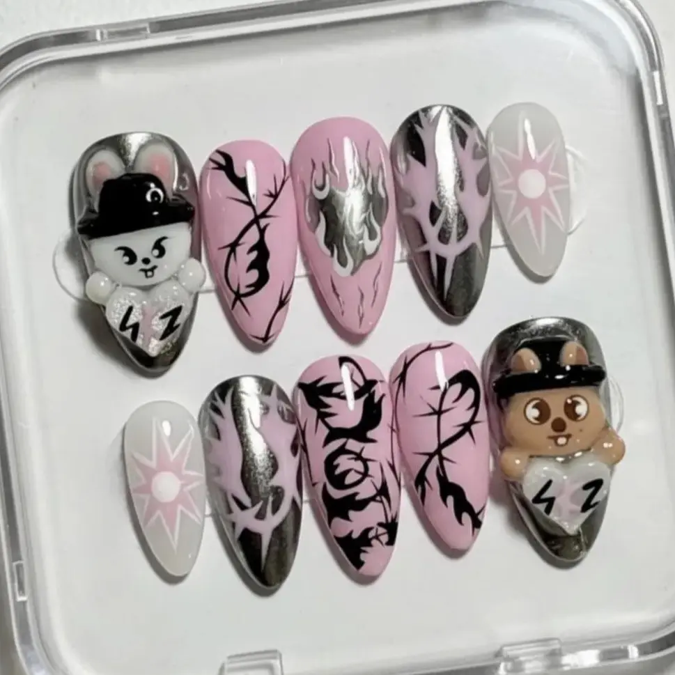 Minsung Inspired Press On Nails | Stray Kids SKZOO Nails | Pink Chrome Nails | Kpop Nails | Cute Edgy Nails