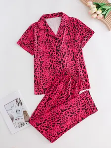2 Piece Set Leopard Print Women's Pajamas, Loungewear, Collar Button Short Sleeve Top and Loose Comfortable Long Pants, Sweet Cool Style Home Wear Set