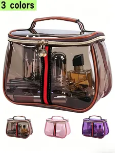 Retro Style Cosmetic Bag, Transparent Toiletry Pouch, Zipper Design, Waterproof, Large Storage Case, Travel Makeup Organizer, Vintage Cosmetic Bag, Cosmetic Travel Bags