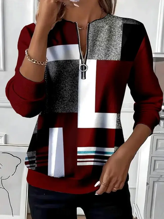 Women's Pullover Sweatshirt Zip Up Sweatshirts Patchwork Zipper PrintGraphic Geometric Color Block Fashion Casual Long Sleeve Crew NeckRegular Tops Street Dailywear Blue Wine Green Fall Winter