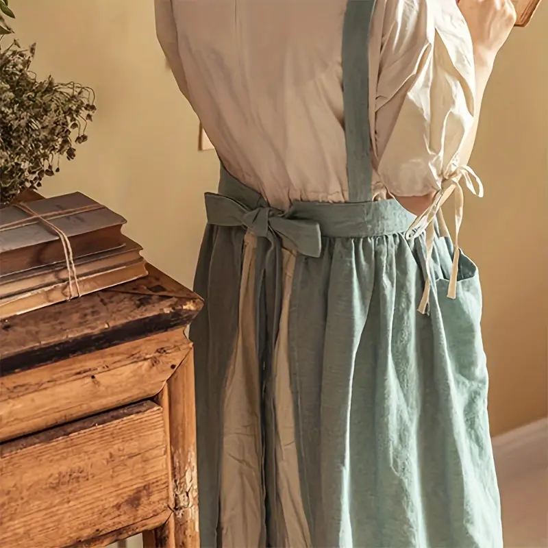 [LDQ Vintage Apron] LDQ Vintage French Country Linen Apron | Artistic Florist Design with Ruffled Hem, Solid Color in Style | Various Sizes Available